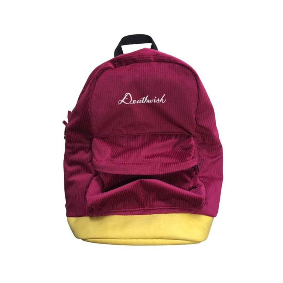 Deathwish Script Corduroy Backpack Burgundy Emboirdered Logo - 50-50 Skate Shop