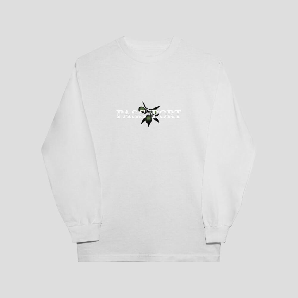 Passport Skate Olive Long Sleeve Tee White - 50-50 Skate Shop
