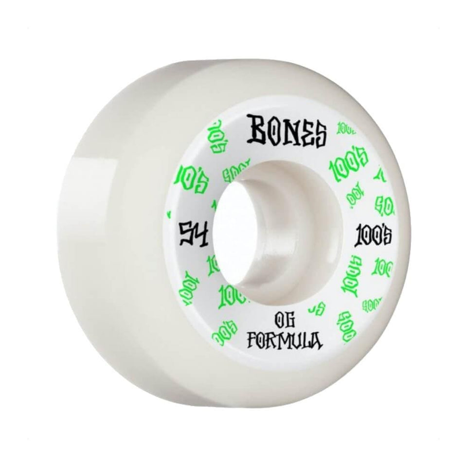 Bones Skateboard Wheels 100's V5 Sidecut 54mm x 100A White Green - Set of 4 - 50-50 Skate Shop