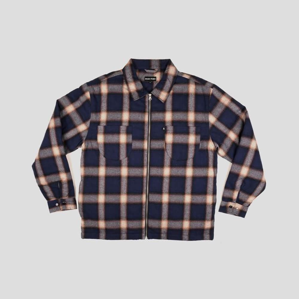 Passport Skate Quilted Zip Up Flannel Jacket Navy - 50-50 Skate Shop