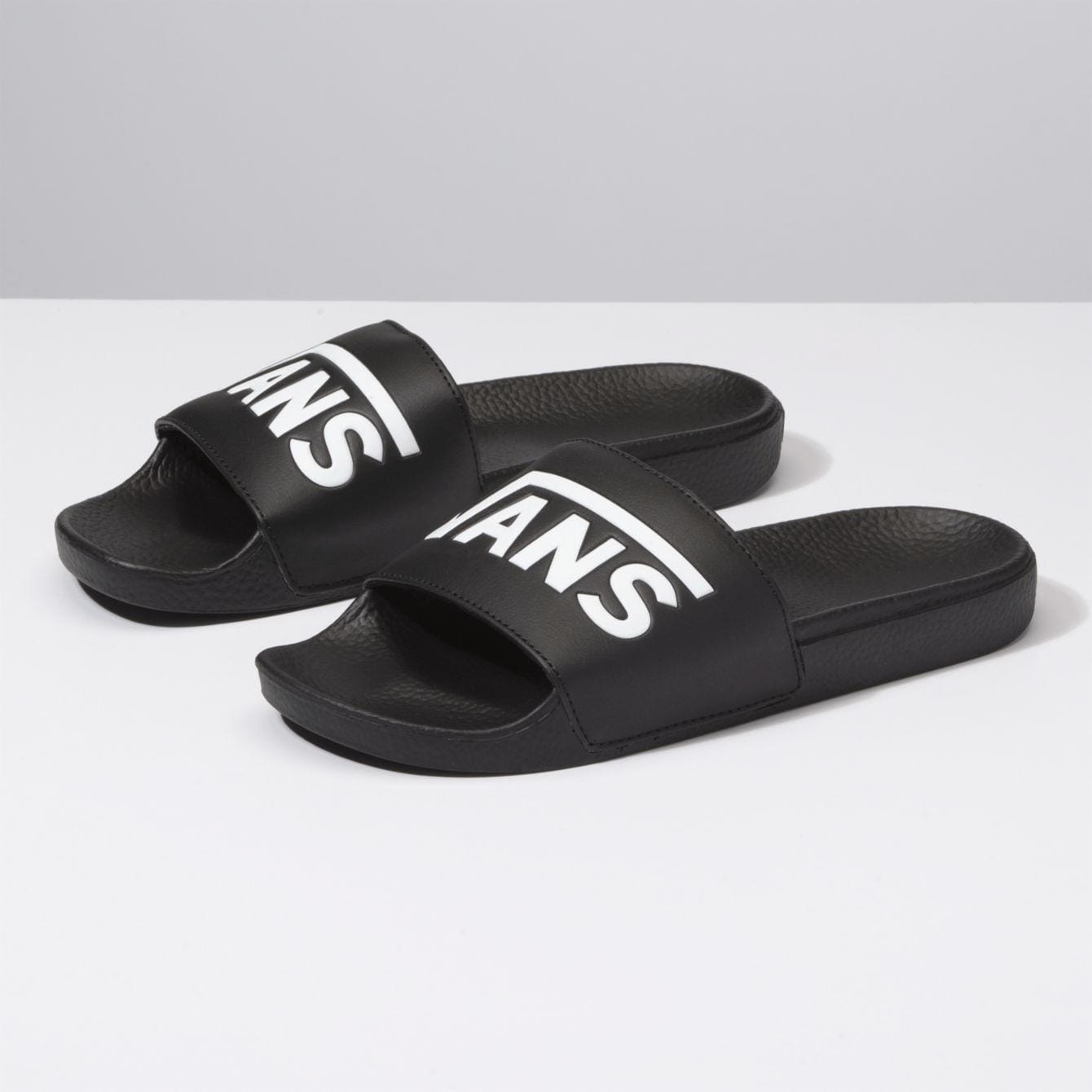 Vans Slides VANS Logo Black And White Sandals | Afterpay 