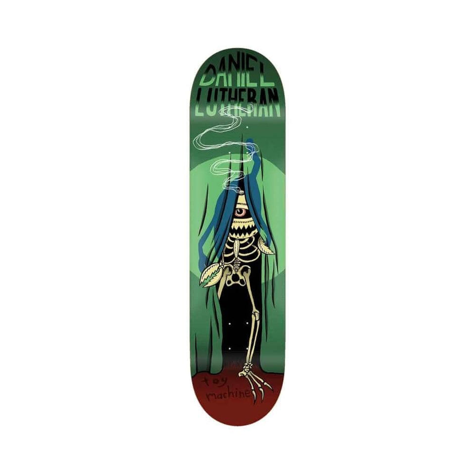 Toy Machine Skateboard Deck Curtain 7.8" x 31.37" Dan Lutheran Green 14" WB - 50-50 Skate Shop