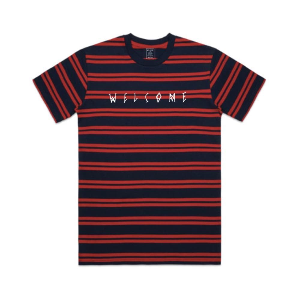Welcome Scrawl Embroidered Striped Knit Navy Red - 50-50 Skate Shop