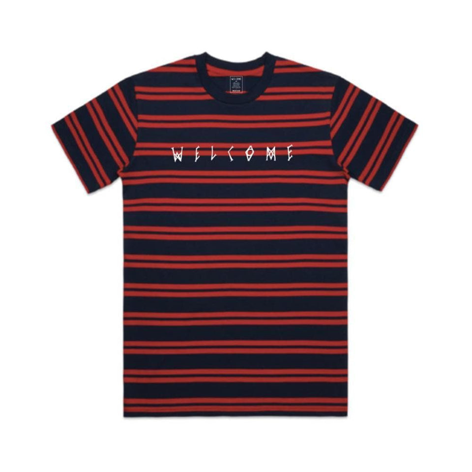 Welcome Scrawl Embroidered Striped Knit Navy Red - 50-50 Skate Shop