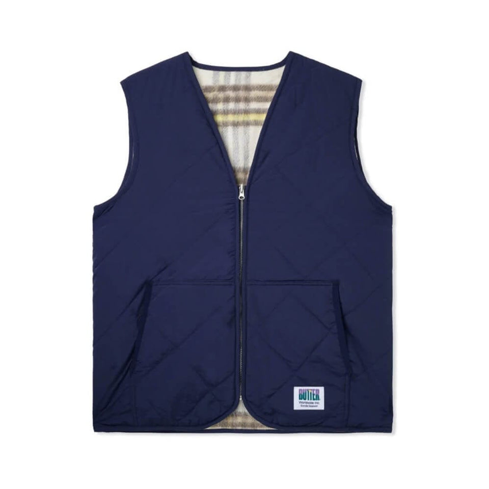 Butter Goods Reversible Hairy Plaid Vest Navy Wheat - 50-50 Skate Shop